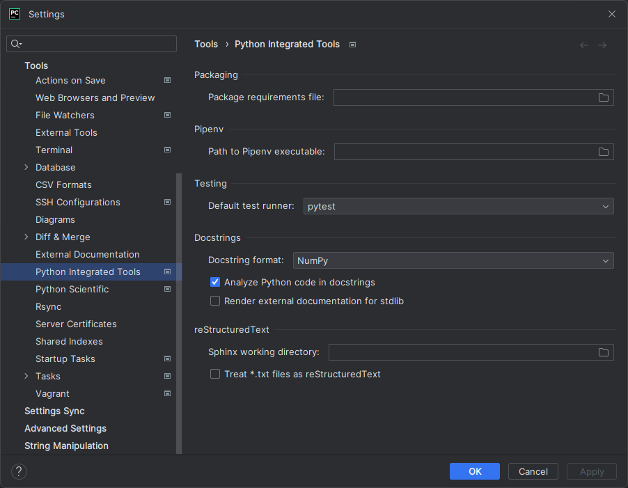 PyCharm settings "Python Integrated Tools"
